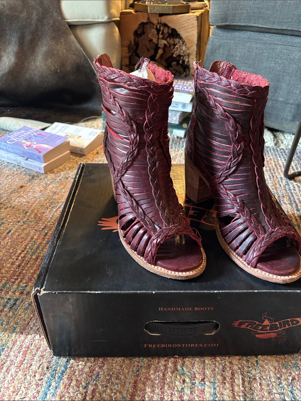 Freebird Bela Burgundy Braided Leather Peep-Toe Ankle Booties